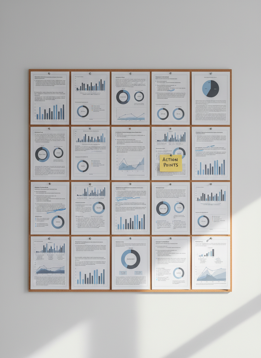 A large pinboard covered in neatly arranged printed charts and graphs about victim experiences, each page held by simple silver pins. The charts show bar graphs, line graphs, and carefully highlighted key findings in soft blues and greys, with a single yellow note card drawing attention to “action points.” The pinboard sits on a quiet wall in a minimalist office with pale grey paint. Soft, directional morning light from the right brushes across the papers, creating gentle shadows at their edges. Captured straight-on with sharp focus and balanced composition, this photographic image conveys structured analysis, independence, and a methodical approach to improving policing and victim services.