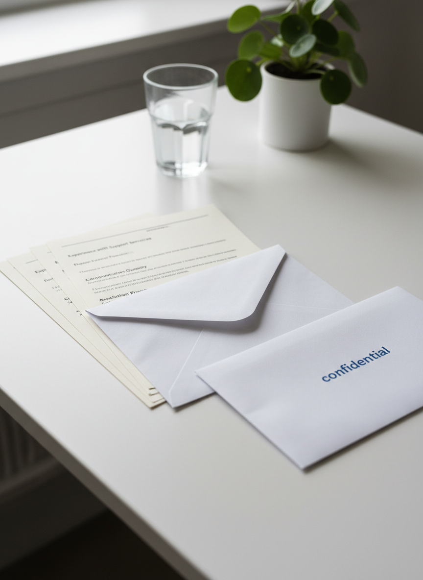 A close-up of a carefully arranged set of anonymous survey materials on a matte white table: a thick, unbranded envelope, a multi-page questionnaire with tidy black-and-grey typography, and a plain, sealed return envelope labeled “confidential” in understated blue lettering. A glass of water and a small, simple desk plant in a white ceramic pot sit further back, adding softness. Diffused overcast light from above creates even, shadow-free illumination, emphasizing privacy and neutrality. Shot from a slightly elevated angle with sharp focus throughout, in a clean, photographic realism style that feels calm, respectful, and professional, highlighting the seriousness and care given to victim satisfaction surveys.