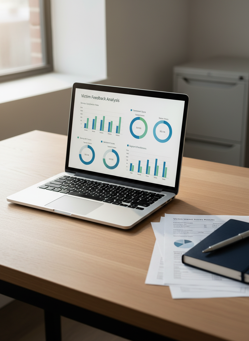 A sleek, closed silver laptop displaying a clean data dashboard on its screen, resting on a light oak desk in a quiet, modern office. Beside it lies a neatly stacked set of printed survey forms with crisp black text and simple bar charts, a dark blue notebook, and a fine-tipped pen. Soft daylight from a large window to the left casts gentle, natural highlights and subtle shadows, creating a calm, trustworthy atmosphere. Shot at eye level with a shallow depth of field so the laptop and papers are in sharp focus while the background of neutral walls and a blurred filing cabinet recedes. The photographic realism feels professional, clear, and focused on thoughtful analysis of victim feedback.