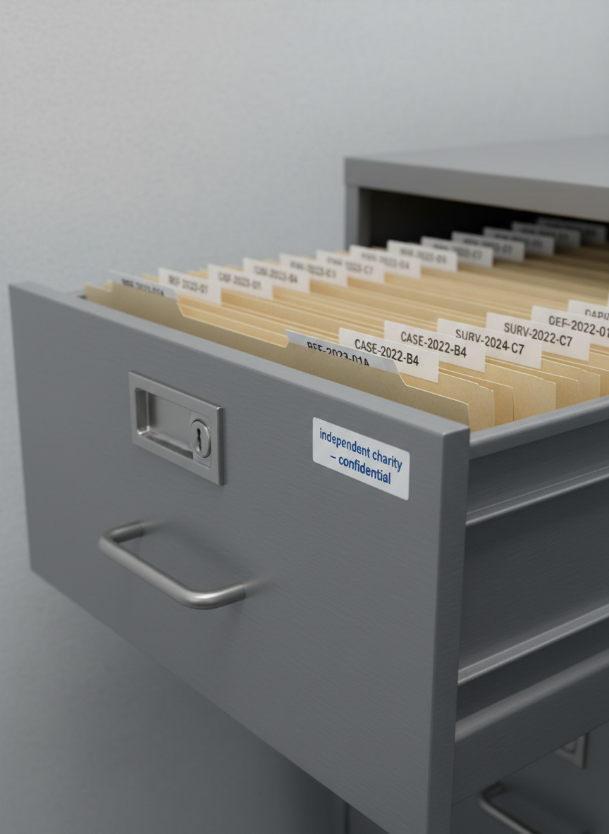A close-up of a secure, locked metal filing cabinet drawer partially open, revealing rows of plain manila folders labeled with neutral, non-identifying codes and dates, representing anonymised victim survey records. Each tab is neatly printed, and a small sticker reading “independent charity – confidential” appears on the front of one folder. The cabinet is set against a muted, softly textured wall in a professional office. Gentle, cool-toned overhead lighting creates soft reflections on the brushed metal surface and subtle shadows between the folders. Shot at a low, side angle with a shallow depth of field, the foreground folder is in crisp focus while the others blur into the background. The photographic realism emphasizes security, discretion, and careful handling of sensitive information.