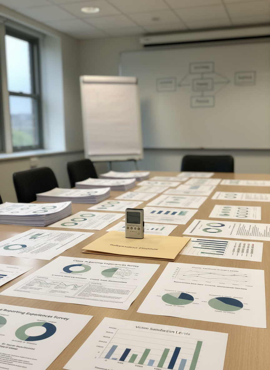 A conference table made of smooth, light wood, covered in neatly spread printed reports about crime reporting experiences, anonymised case summaries, and color-coded satisfaction charts in muted blues and greens. In the center stands a small, unbranded digital voice recorder and a closed folder labeled “Independent Findings” in discrete lettering. In the background, out of focus, a whiteboard with simple diagrams and arrows connecting “victims,” “police,” and “support services” adds context. Warm overhead office lighting combines with soft window light to create balanced, natural illumination. Photographed from a slightly elevated, three-quarter angle with medium depth of field, the scene feels professional, transparent, and dedicated to turning survey results into practical improvements.