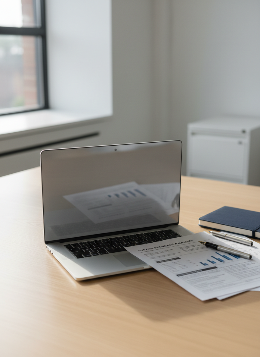 A sleek, closed silver laptop displaying a clean data dashboard on its screen, resting on a light oak desk in a quiet, modern office. Beside it lies a neatly stacked set of printed survey forms with crisp black text and simple bar charts, a dark blue notebook, and a fine-tipped pen. Soft daylight from a large window to the left casts gentle, natural highlights and subtle shadows, creating a calm, trustworthy atmosphere. Shot at eye level with a shallow depth of field so the laptop and papers are in sharp focus while the background of neutral walls and a blurred filing cabinet recedes. The photographic realism feels professional, clear, and focused on thoughtful analysis of victim feedback.
